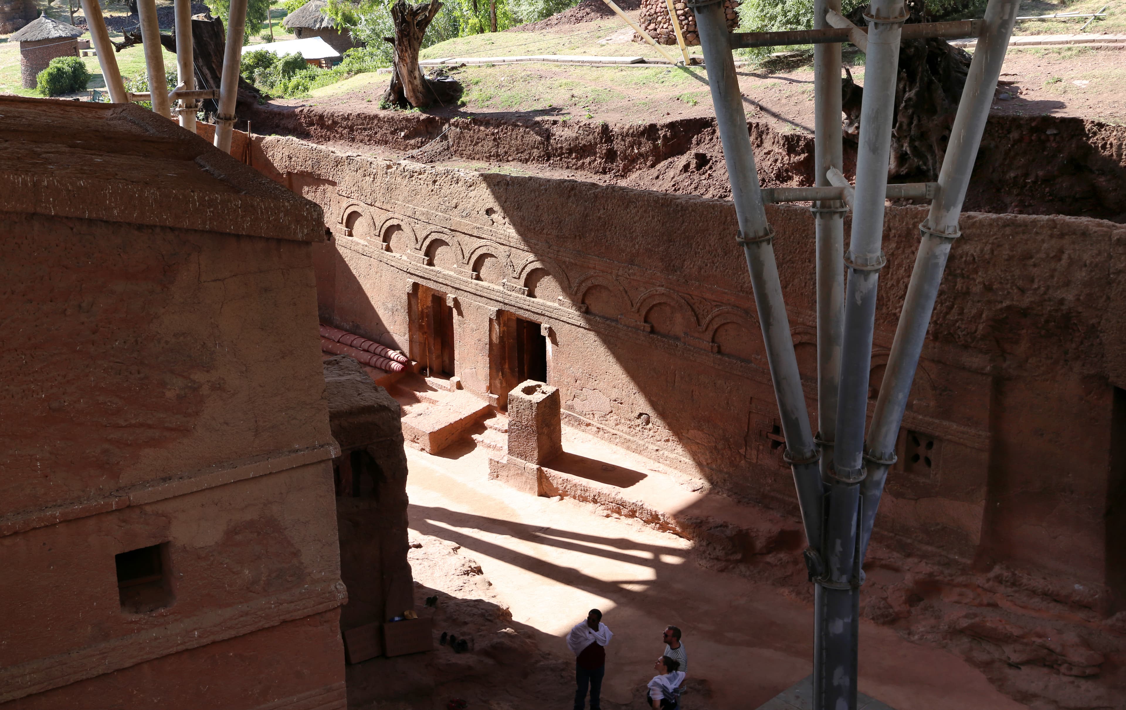 Rock-hewn church exterior of Bete Meskel in Lalibela, Ethiopia.