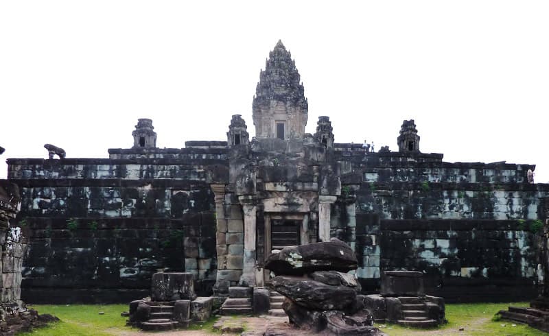 Stone temple towers and stairways at Bakong in Roluos, Cambodia.