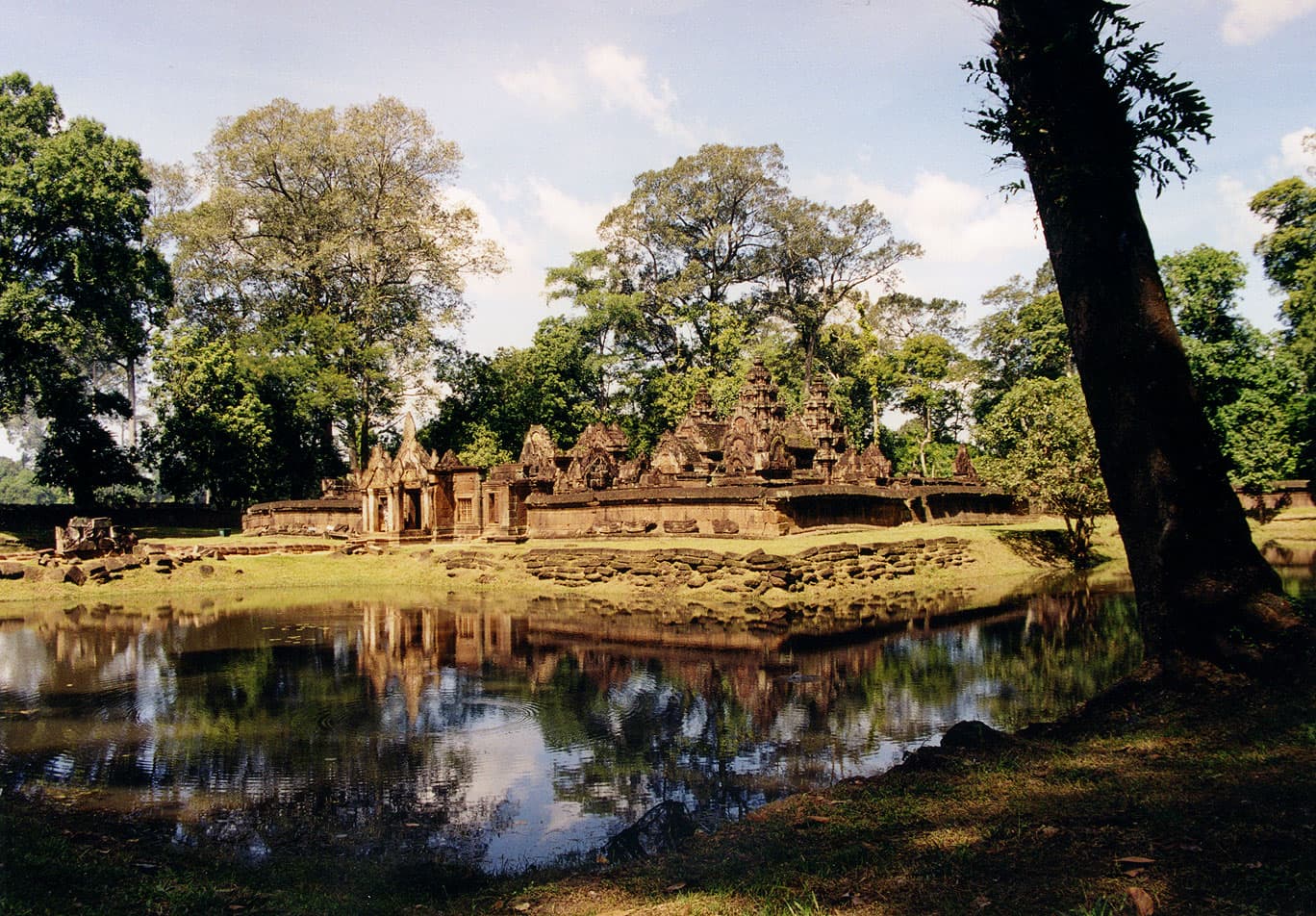 Pink sandstone temple buildings at Banteay Srei in Angkor, Cambodia.
