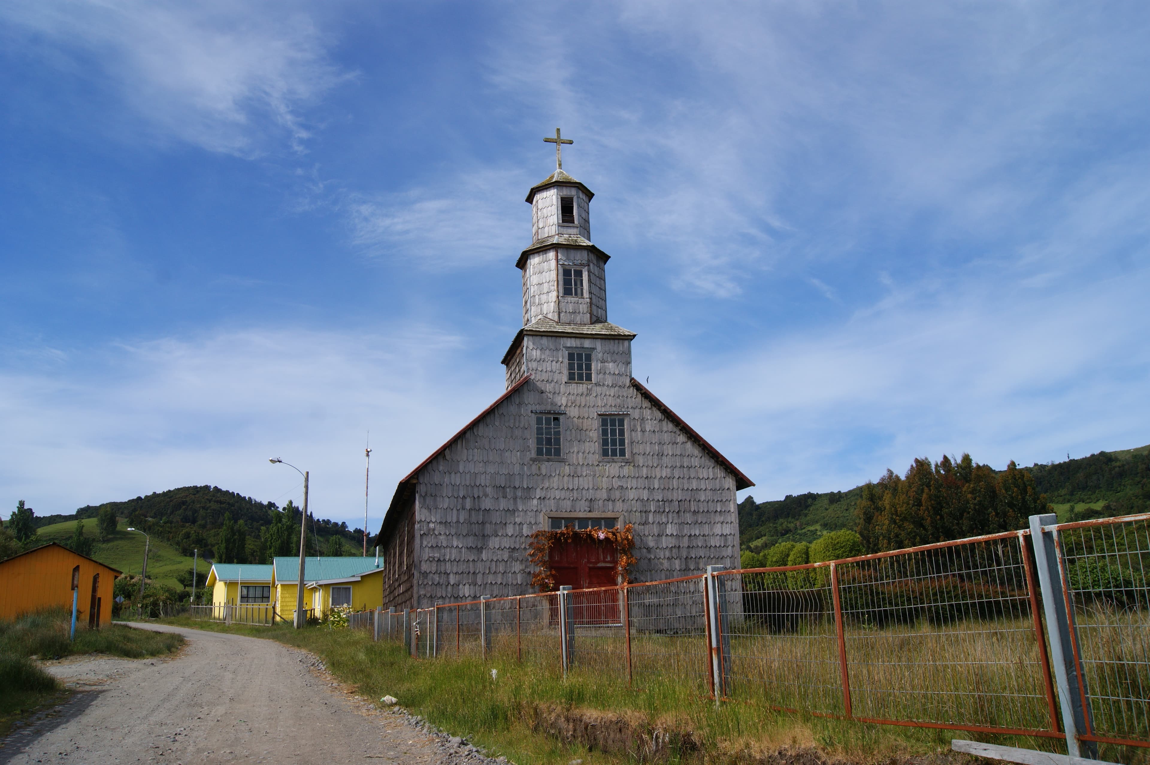 Wooden church on Chiloe Island representing the Churches of Chiloe ensemble.