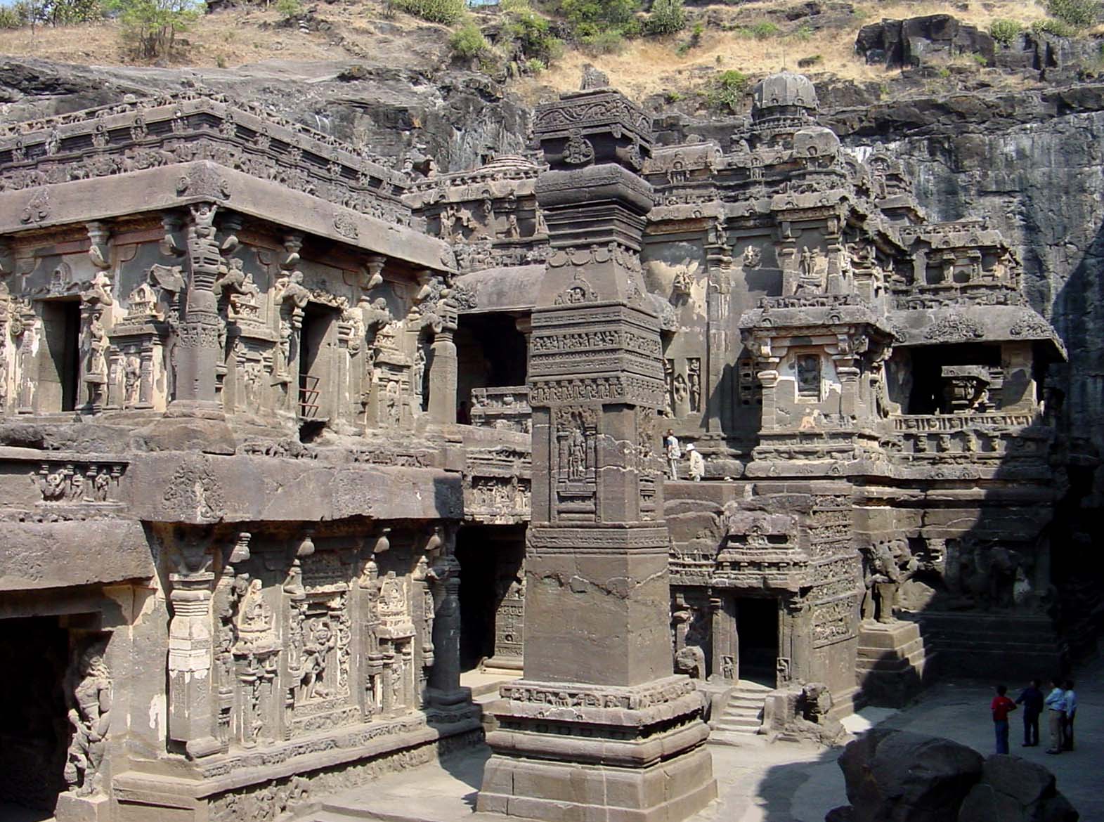 Cave exterior of Cave 16 (Kailasa Temple), Ellora, Ellora Caves, Maharashtra, India.