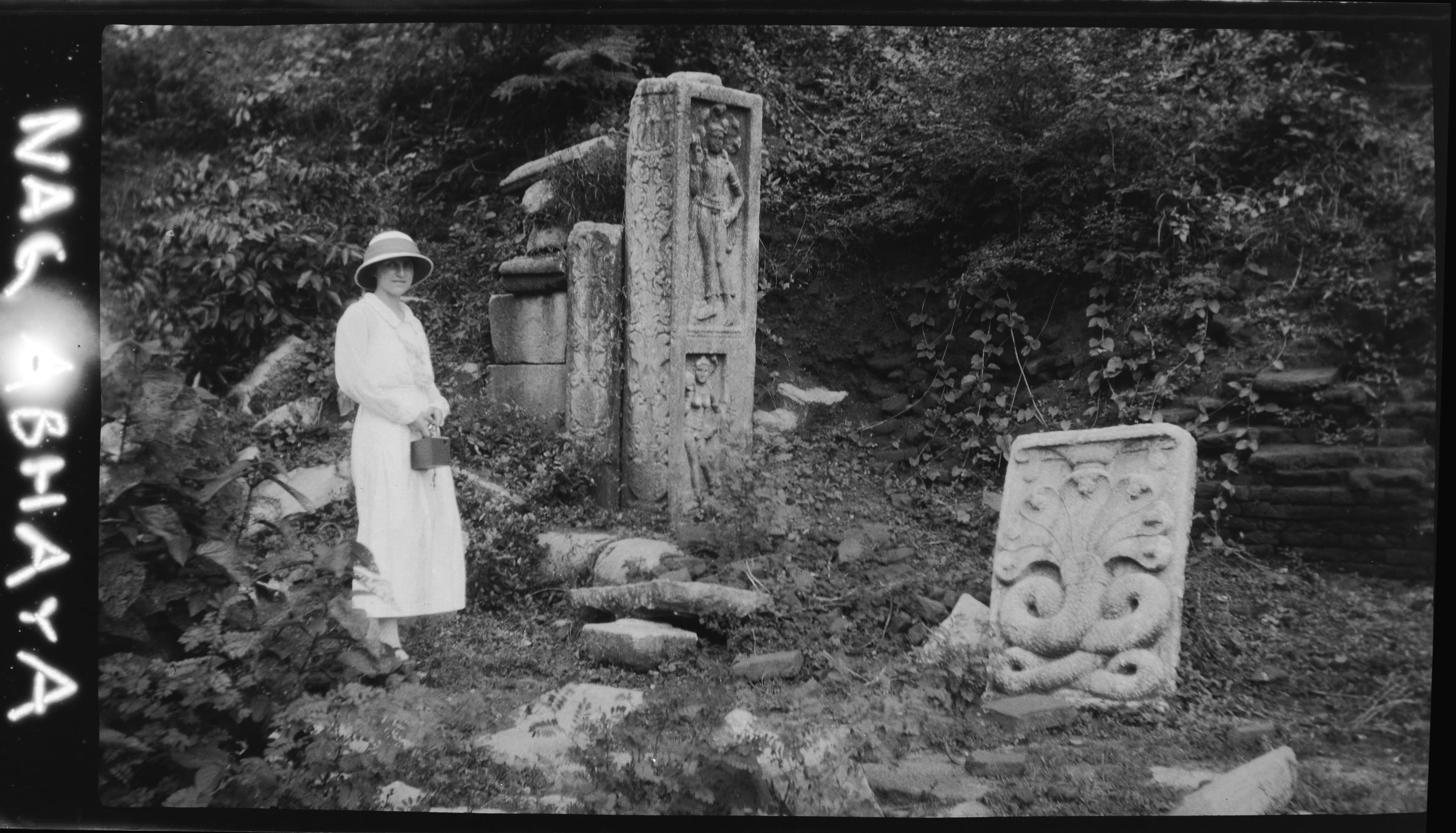 Historic view of ruins and carved stone remains in Anuradhapura, Sri Lanka.