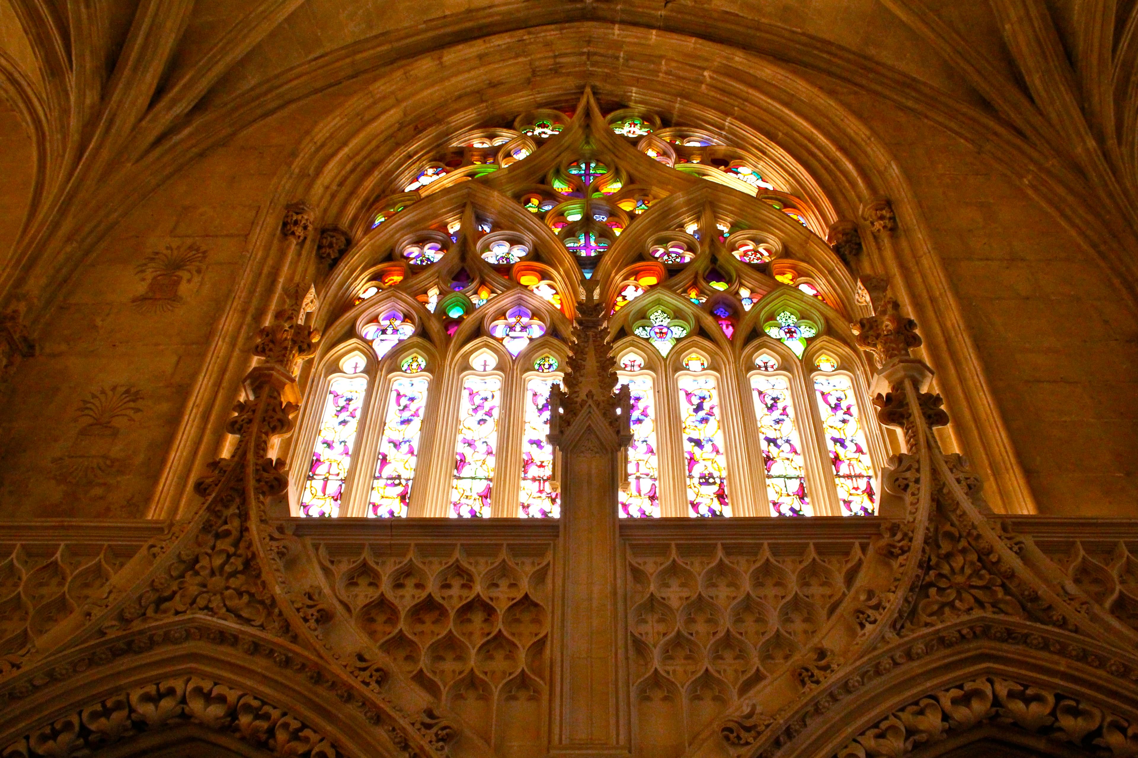 Stained glass inside the Founder's Chapel at Batalha Monastery.