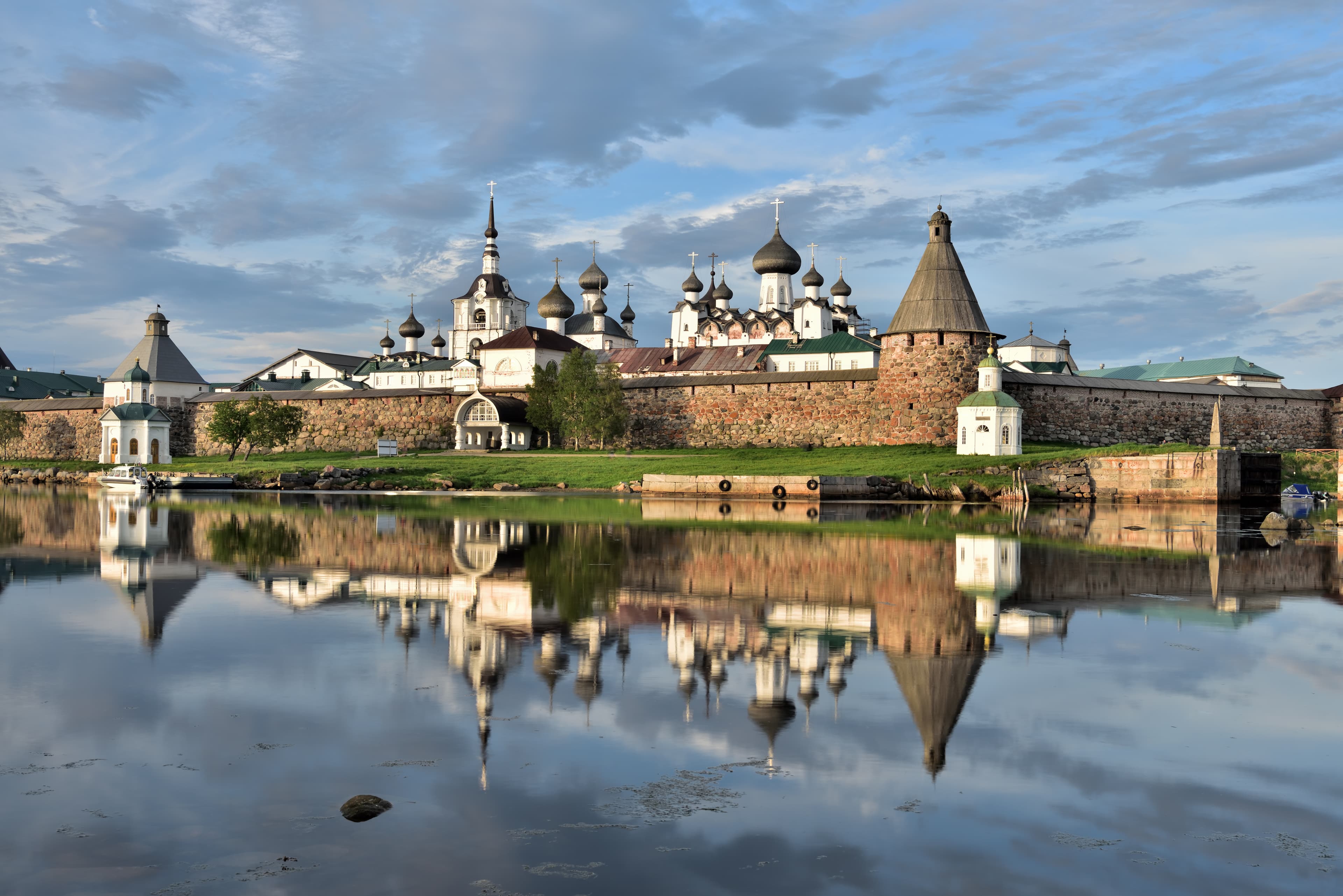 Overall exterior view of Solovetsky Monastery and its fortress ensemble in Russia.